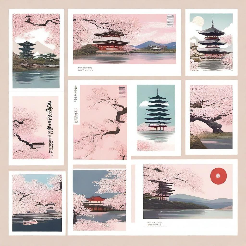 A collection of highest quality digital art postcards, each capturing a unique aspect of Japan