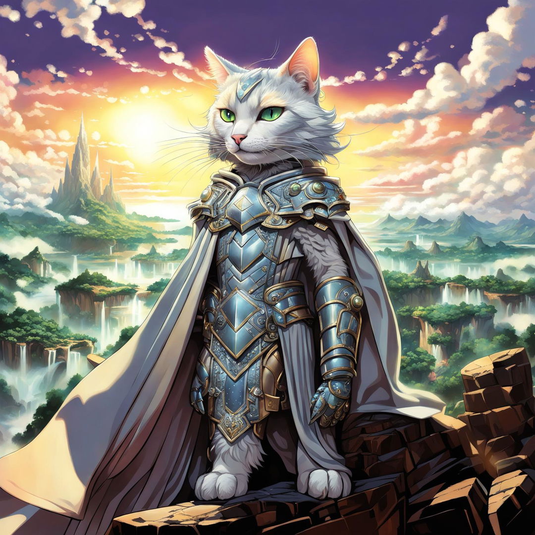 A majestic silver cat with glowing emerald eyes stands on a rocky outcrop overlooking a fantastical landscape. It wears intricate armor and a flowing cape in the style of Final Fantasy.