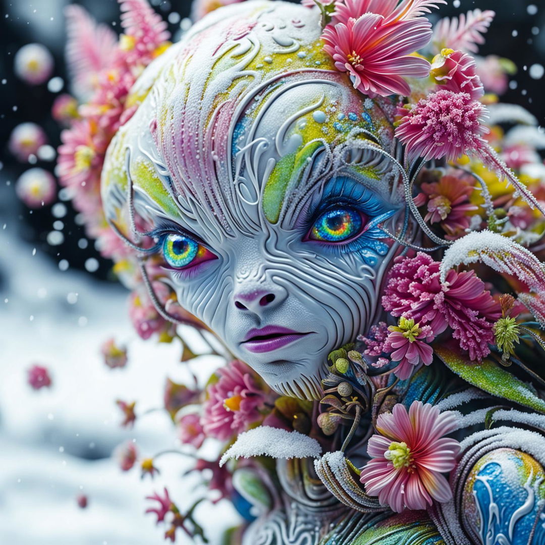 Hyper-realistic 3D Rococo-inspired photograph featuring an extreme close-up of a majestic alien adorned with vibrant flowers against a snowy landscape.