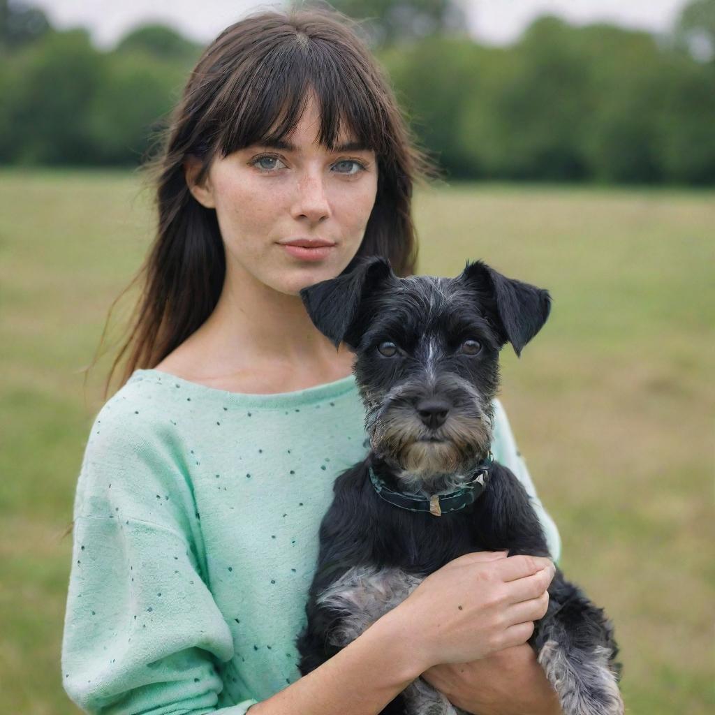 photograpy medium distance, advertising campagne, she no look the camera, female , 23 year old with green eyes and black long hai with withe streaks in the bangs.,freckles, with schnauzer puppy, ocation clothes, medium distance shot, 4k hd,  --style raw--v 5.2 ar 2-3,