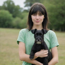 photograpy medium distance, advertising campagne, she no look the camera, female , 23 year old with green eyes and black long hai with withe streaks in the bangs.,freckles, with schnauzer puppy, ocation clothes, medium distance shot, 4k hd,  --style raw--v 5.2 ar 2-3,