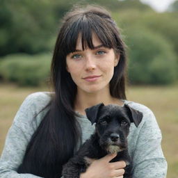 photograpy medium distance, advertising campagne, she no look the camera, female , 23 year old with green eyes and black long hai with withe streaks in the bangs.,freckles, with schnauzer puppy, ocation clothes, medium distance shot, 4k hd,  --style raw--v 5.2 ar 2-3,