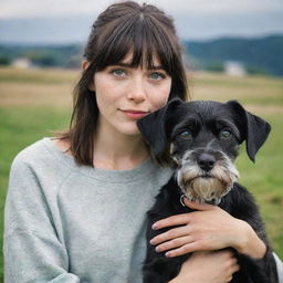 photograpy medium distance, advertising campagne, she no look the camera, female , 23 year old with green eyes and black long hai with withe streaks in the bangs.,freckles, with schnauzer puppy, ocation clothes, medium distance shot, 4k hd,  --style raw--v 5.2 ar 2-3,