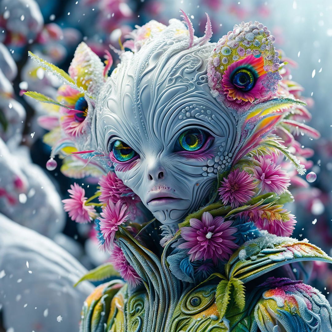 Hyper-realistic 3D Rococo-inspired photograph featuring an extreme close-up of a majestic alien adorned with vibrant flowers against a snowy landscape.