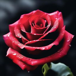 A captivating digital art piece presenting a vivid red rose, abundant with water droplets, against a stark black background