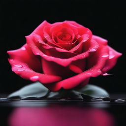 A captivating digital art piece presenting a vivid red rose, abundant with water droplets, against a stark black background