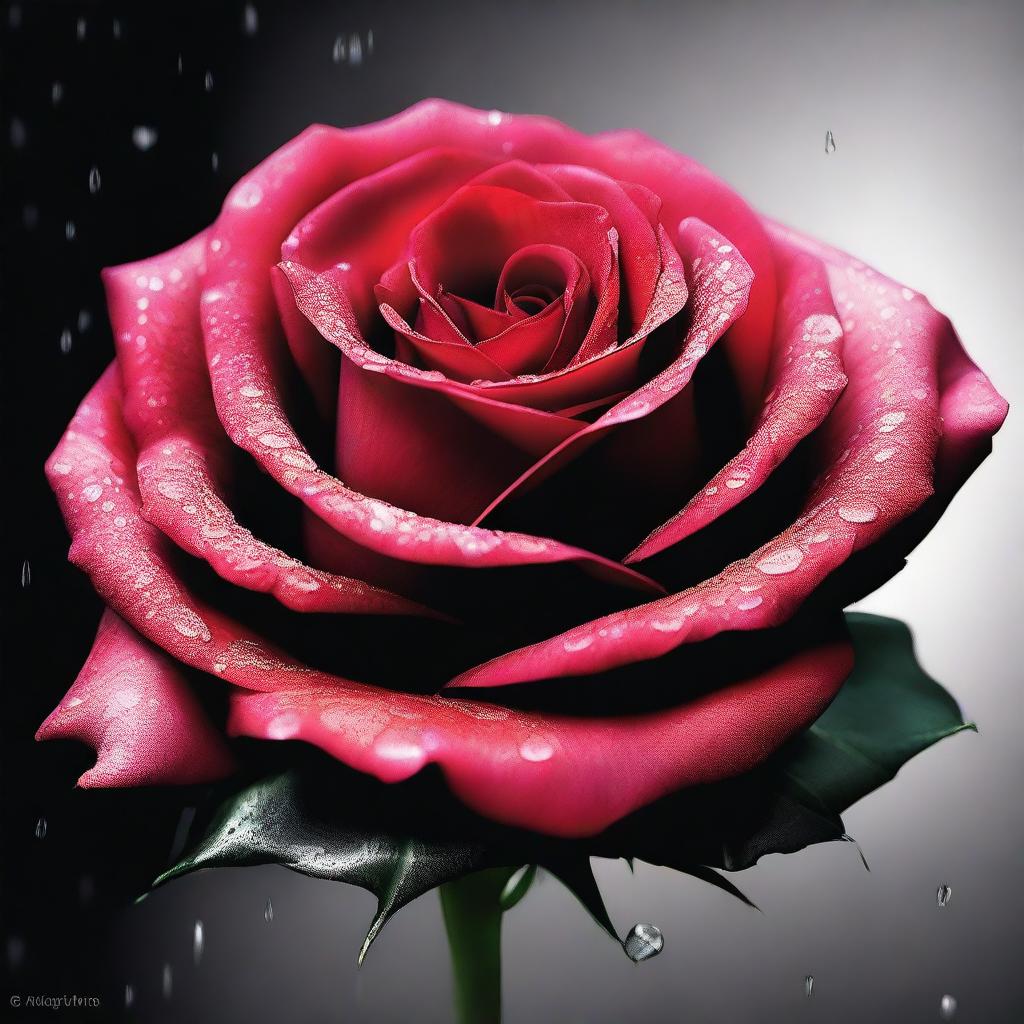 A captivating digital art piece presenting a vivid red rose, abundant with water droplets, against a stark black background