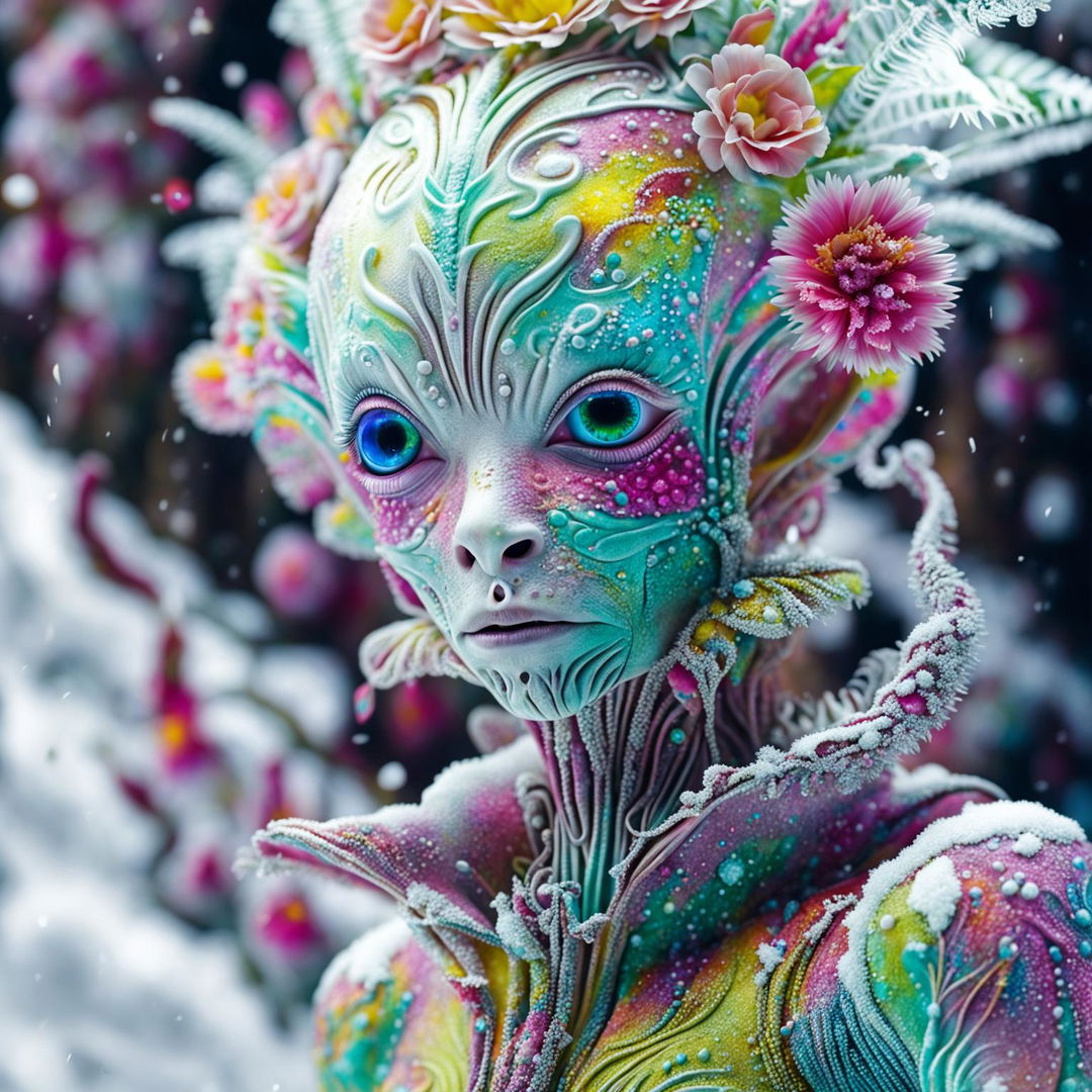 Hyper-realistic 3D Rococo-inspired photograph featuring an extreme close-up of a majestic alien adorned with vibrant flowers against a snowy landscape.