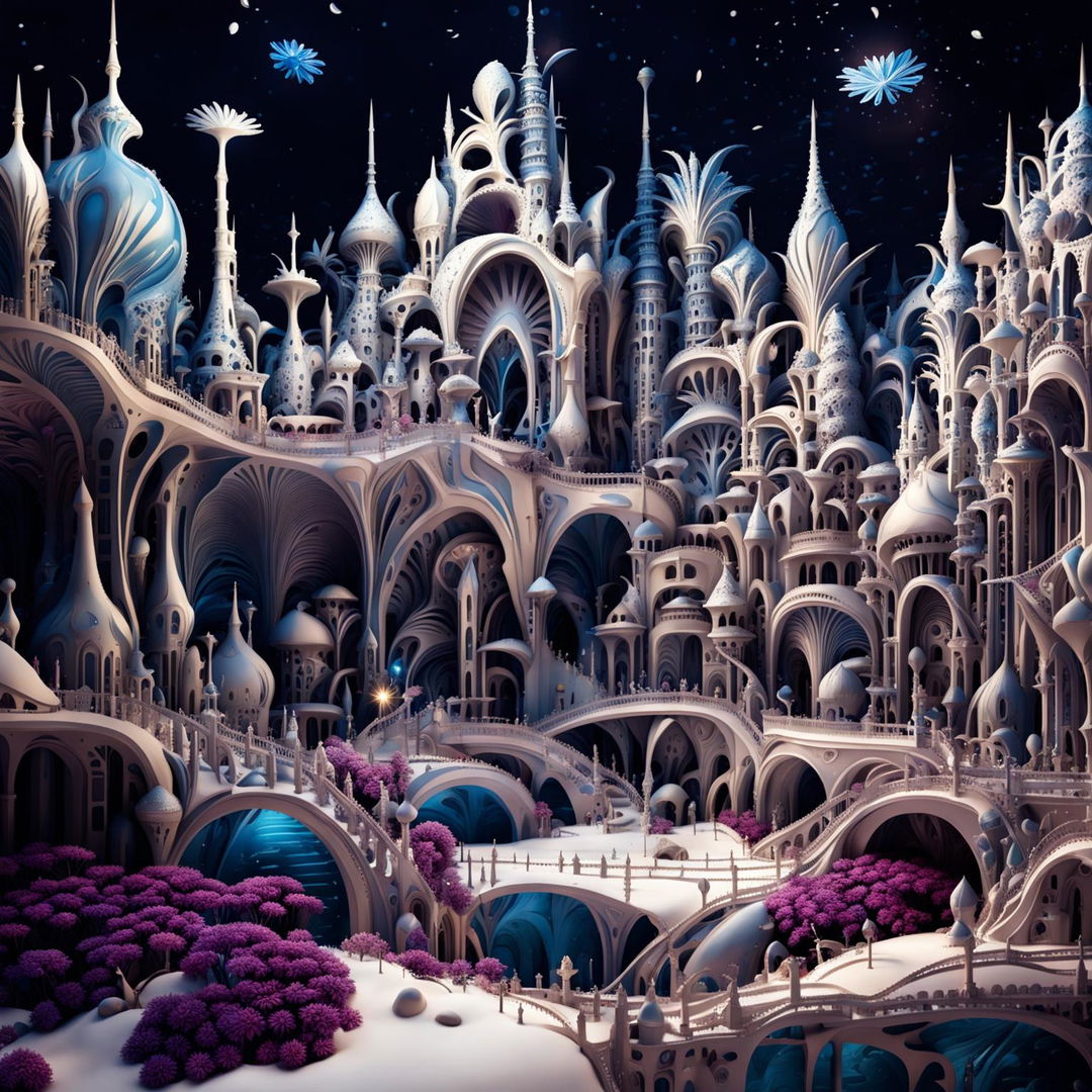 Hyper-realistic 3D Rococo-inspired alien city in a snowy landscape with vibrant colours, flower aesthetic, and fantasy vibes in high definition close-up.