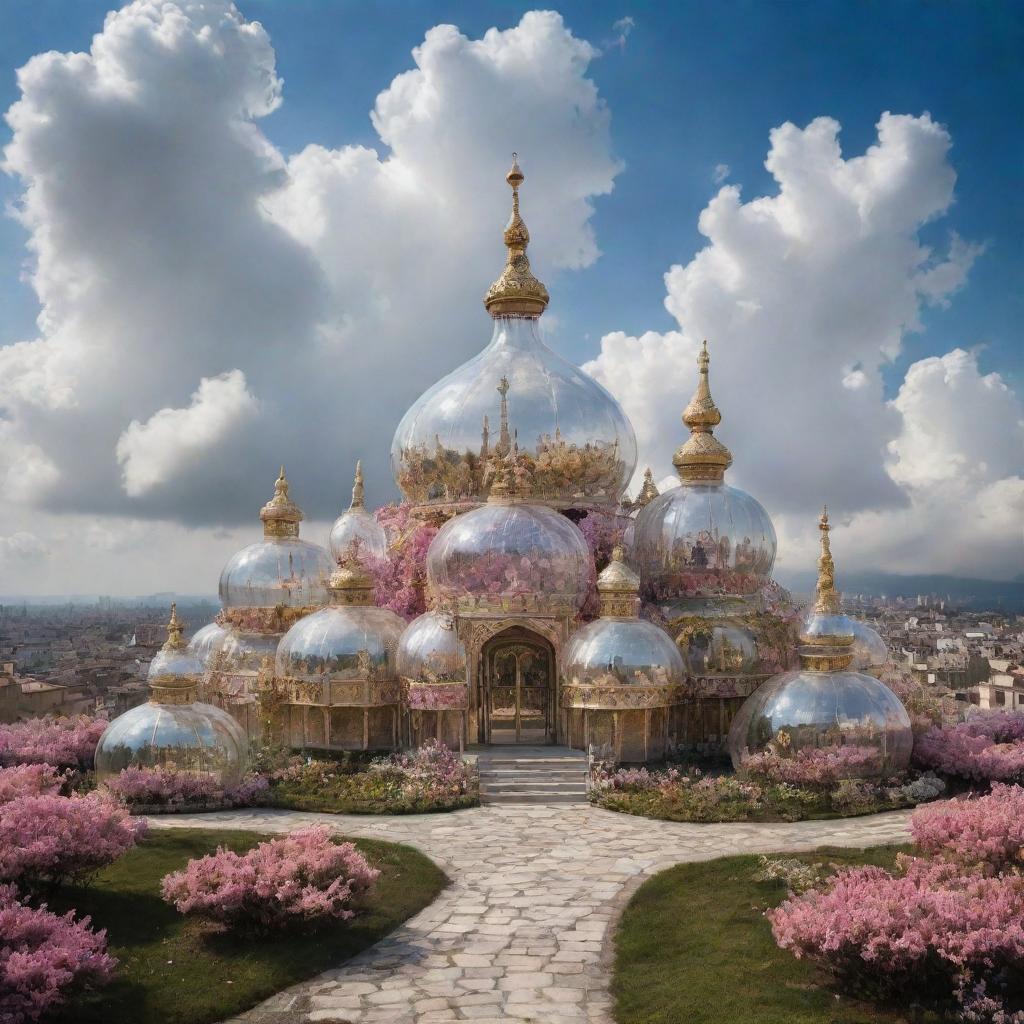 A fantastical world filled with giant Ittar perfume bottles as buildings, where the paths are ribbons of fragrance and the clouds are luxuriant scent wisps