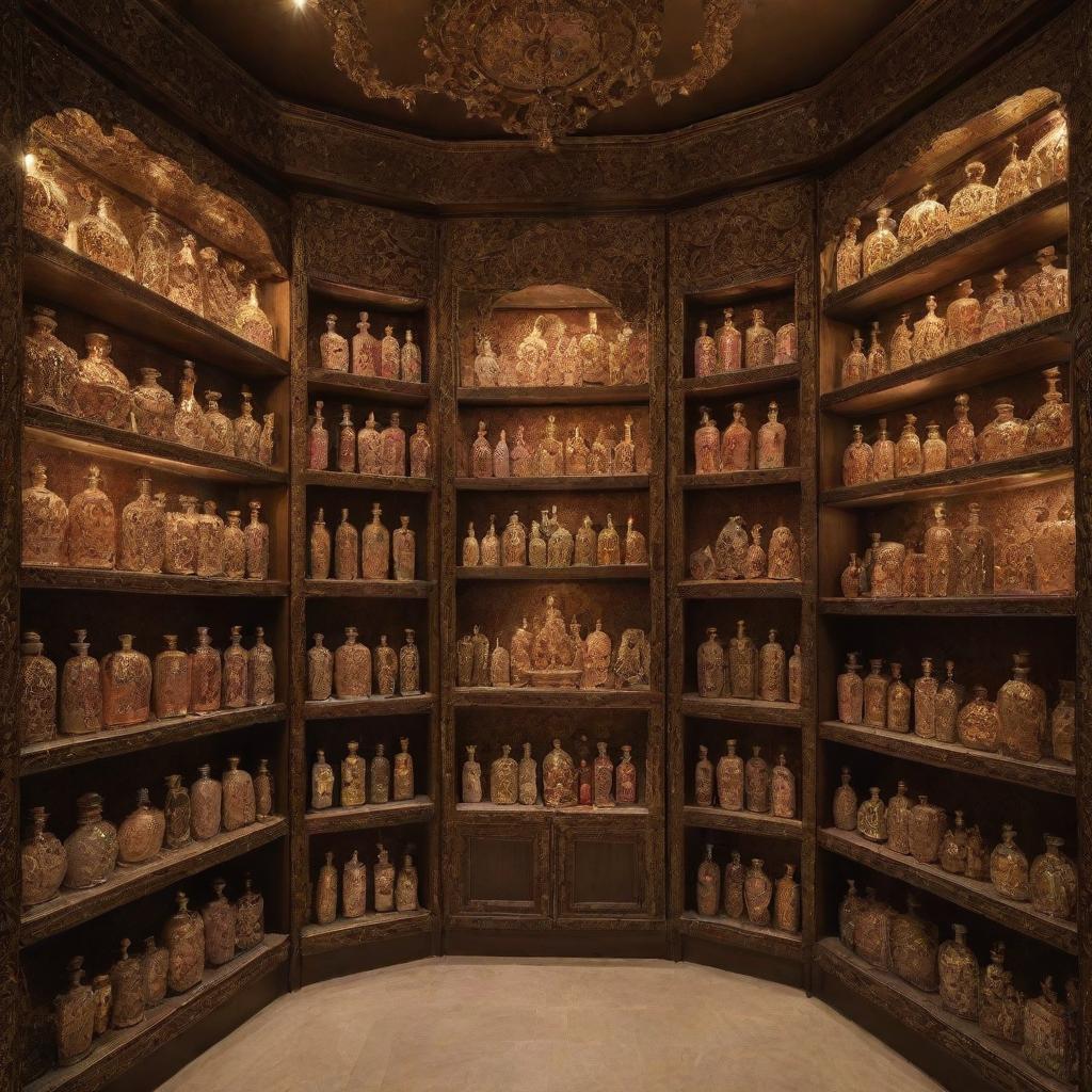 An imaginative Ittar store with perfume bottles in all kinds of unique shapes, such as animals, celestial bodies, and abstract designs. Shelves gleam under warm light, showcasing the ornate beauty of each bottle.