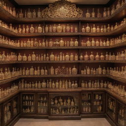 An imaginative Ittar store with perfume bottles in all kinds of unique shapes, such as animals, celestial bodies, and abstract designs. Shelves gleam under warm light, showcasing the ornate beauty of each bottle.