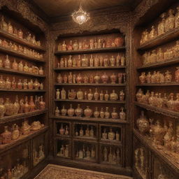 An imaginative Ittar store with perfume bottles in all kinds of unique shapes, such as animals, celestial bodies, and abstract designs. Shelves gleam under warm light, showcasing the ornate beauty of each bottle.