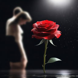 A high-quality digital art piece, featuring a radiant red rose with droplets of water shimmering on its petals, set against a stark black background