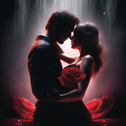 A high-quality digital art piece, featuring a radiant red rose with droplets of water shimmering on its petals, set against a stark black background