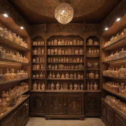 An imaginative Ittar store with perfume bottles in all kinds of unique shapes, such as animals, celestial bodies, and abstract designs. Shelves gleam under warm light, showcasing the ornate beauty of each bottle.