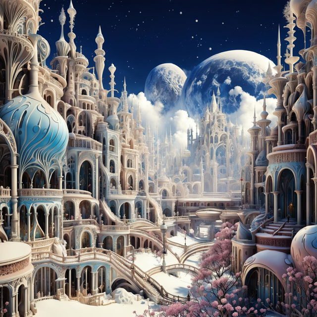 Hyper-realistic 3D Rococo-inspired alien city in a snowy landscape under clear blue skies with vibrant colours, floral and snow aesthetics, and fantasy vibes in high-definition close-up view.