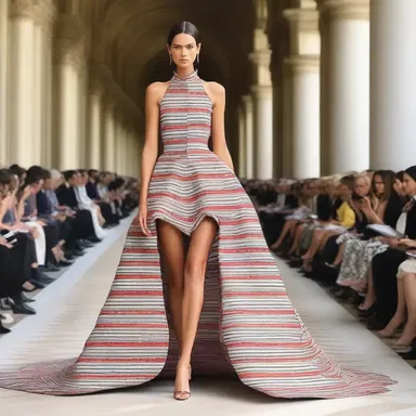 The fashion designer showcased a stunning dress adorned with patterns inspired by the concept of letter stock.
