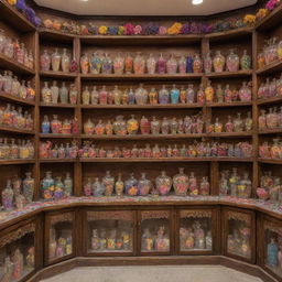 A whimsical Ittar store adorned with radiant perfume bottles of various shapes and colors. Delicate flowers peek out from the sides, adding a fresh element to the vibrant ambiance.