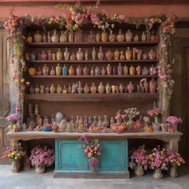 A whimsical Ittar store adorned with radiant perfume bottles of various shapes and colors. Delicate flowers peek out from the sides, adding a fresh element to the vibrant ambiance.