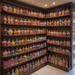 A whimsical Ittar store adorned with radiant perfume bottles of various shapes and colors. Delicate flowers peek out from the sides, adding a fresh element to the vibrant ambiance.