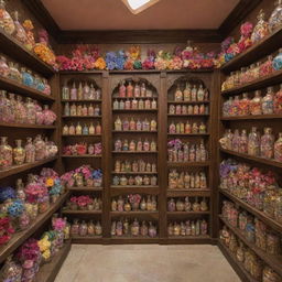 A whimsical Ittar store adorned with radiant perfume bottles of various shapes and colors. Delicate flowers peek out from the sides, adding a fresh element to the vibrant ambiance.