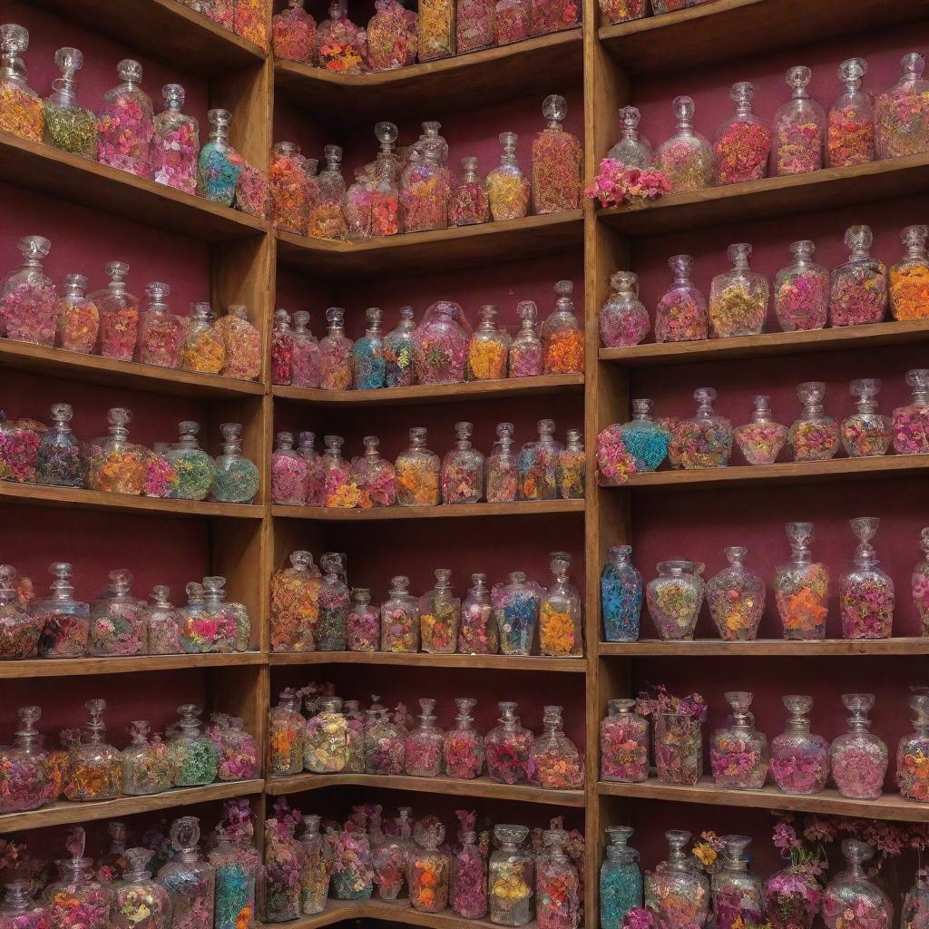 A vibrant, colorful Ittar store featuring perfume bottles of unusual shapes, each one more unique than the last. Nestled among them are delicate sprays of flowers, their fragrant scent mingling with the ones encapsulated in the bottles.
