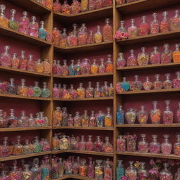 A vibrant, colorful Ittar store featuring perfume bottles of unusual shapes, each one more unique than the last. Nestled among them are delicate sprays of flowers, their fragrant scent mingling with the ones encapsulated in the bottles.