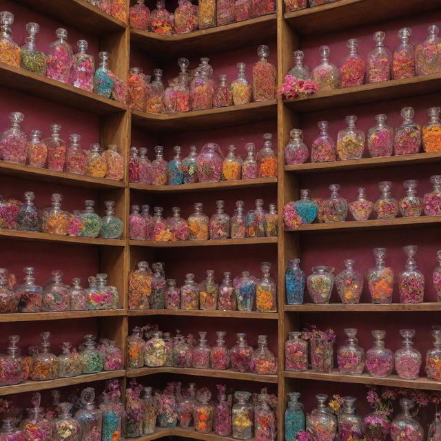 A vibrant, colorful Ittar store featuring perfume bottles of unusual shapes, each one more unique than the last. Nestled among them are delicate sprays of flowers, their fragrant scent mingling with the ones encapsulated in the bottles.