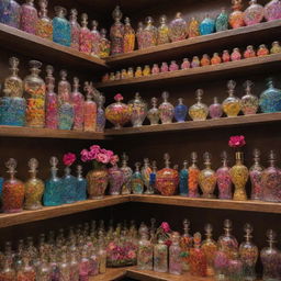 A vibrant, colorful Ittar store featuring perfume bottles of unusual shapes, each one more unique than the last. Nestled among them are delicate sprays of flowers, their fragrant scent mingling with the ones encapsulated in the bottles.