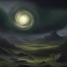 A high-quality digital art piece showing the same fantastical landscape, now under a dark and ominous sky, with a new element of disturbance