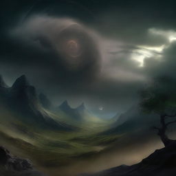 A high-quality digital art piece showing the same fantastical landscape, now under a dark and ominous sky, with a new element of disturbance