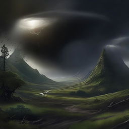 A high-quality digital art piece showing the same fantastical landscape, now under a dark and ominous sky, with a new element of disturbance