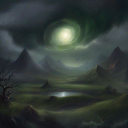 A high-quality digital art piece showing the same fantastical landscape, now under a dark and ominous sky, with a new element of disturbance