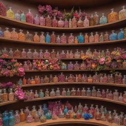 A vibrant, colorful Ittar store featuring perfume bottles of unusual shapes, each one more unique than the last. Nestled among them are delicate sprays of flowers, their fragrant scent mingling with the ones encapsulated in the bottles.