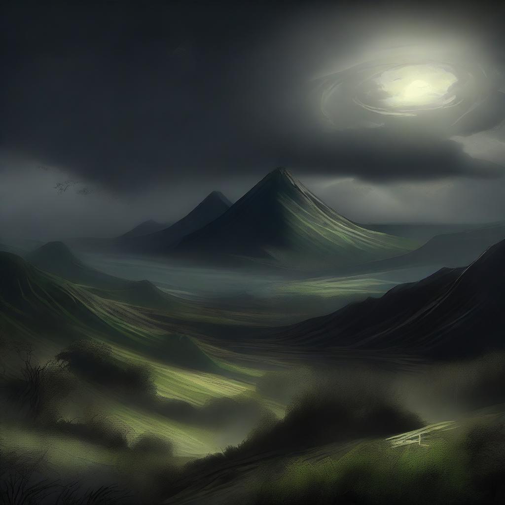 A high-quality digital art piece illustrating the same fantastical landscape, but now under a dark, ominous sky, with a distinct disturbance