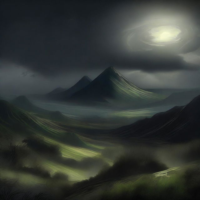 A high-quality digital art piece illustrating the same fantastical landscape, but now under a dark, ominous sky, with a distinct disturbance