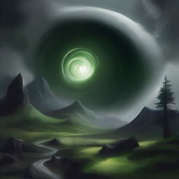 A high-quality digital art piece illustrating the same fantastical landscape, but now under a dark, ominous sky, with a distinct disturbance