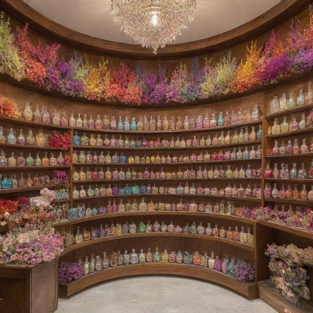 An assorted Ittar store radiating with colors from uniquely shaped perfume bottles. The shop is adorned with delicate flowers on the side, adding a natural touch to the vibrant atmosphere.