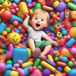 A high-quality digital art image featuring a joyful child engrossed in play, surrounded by a multitude of toys emerging from an open toy box