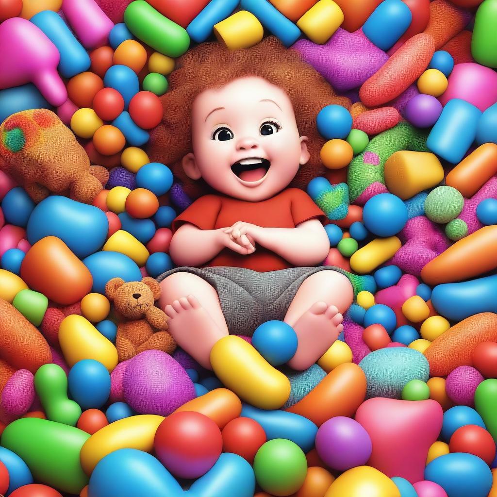 A high-quality digital art image featuring a joyful child engrossed in play, surrounded by a multitude of toys emerging from an open toy box