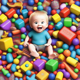 A high-quality digital art image featuring a joyful child engrossed in play, surrounded by a multitude of toys emerging from an open toy box