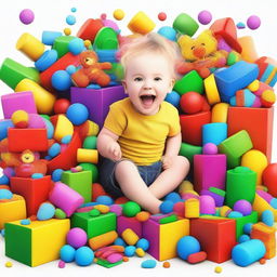 A high-quality digital art image featuring a joyful child engrossed in play, surrounded by a multitude of toys emerging from an open toy box