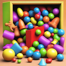 This is a high-quality, vibrant digital art image that depicts an array of toys playfully tumbling in and out of an open toy box