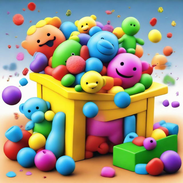 This is a high-quality, vibrant digital art image that depicts an array of toys playfully tumbling in and out of an open toy box