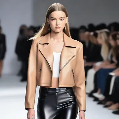 She wore a stylish jacket made of imitation leather to the fashion show.