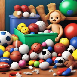 A high-quality digital art image showcasing a lively scene of various toys, dolls, and sports balls going in and out of a toy box