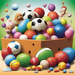 A high-quality digital art image showcasing a lively scene of various toys, dolls, and sports balls going in and out of a toy box