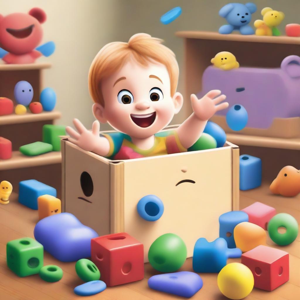 A high-quality digital art image capturing the moment a child opens a toy box, their face lit up with surprise and delight