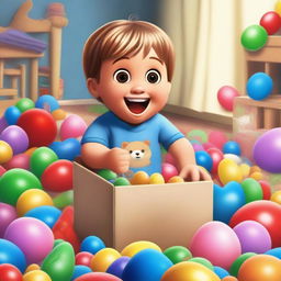 A high-quality digital art image capturing the moment a child opens a toy box, their face lit up with surprise and delight